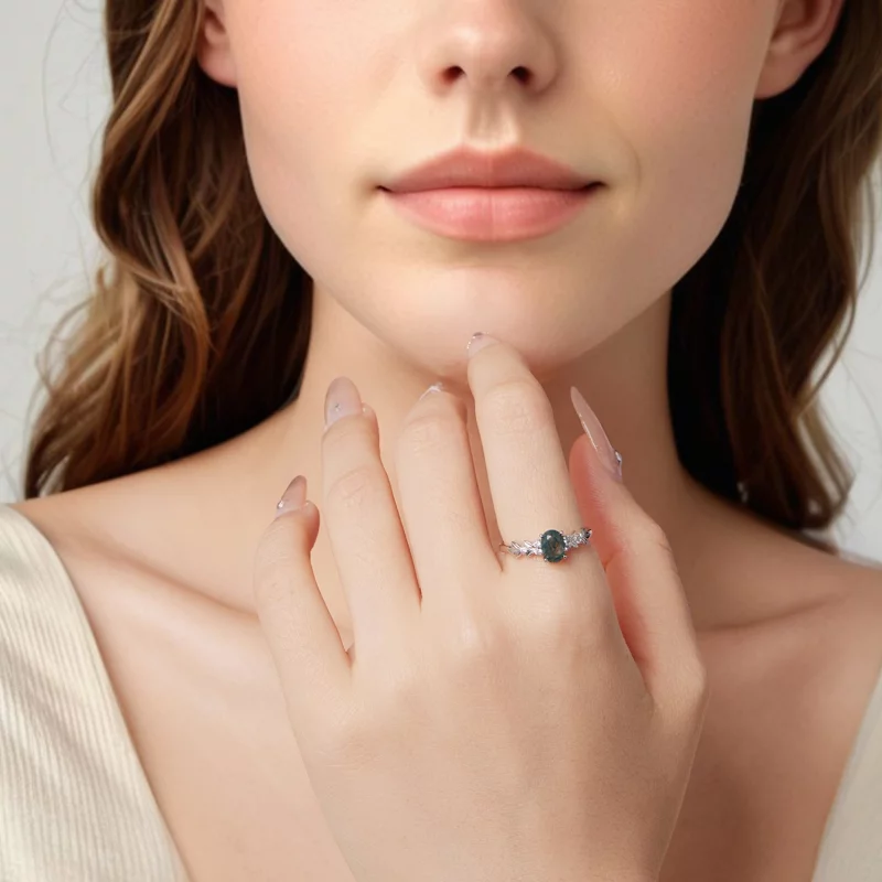 (image pour) Bague Pandora Style en argent 925 plaquée platine avec agate algue et zirconium - Afficher 6