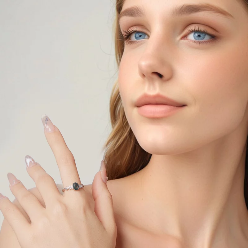 (image pour) Bague Pandora Style en argent 925 plaquée platine avec agate algue et zirconium - Afficher 7