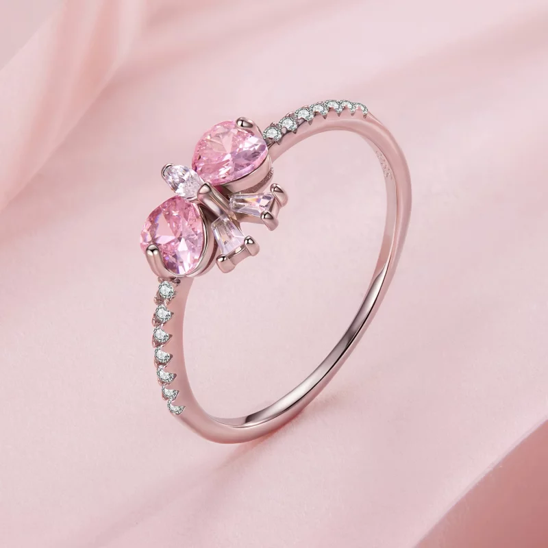 (image pour) Bague Pandora Style en argent 925 avec nœud rose et zirconium plaqué platine - B - Afficher 2