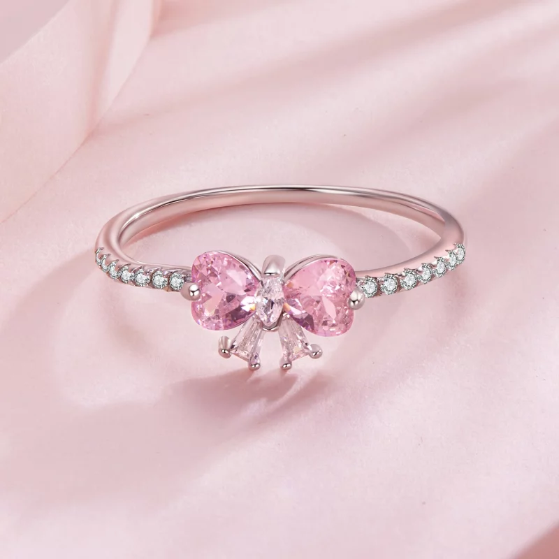 (image pour) Bague Pandora Style en argent 925 avec nœud rose et zirconium plaqué platine - B - Afficher 3