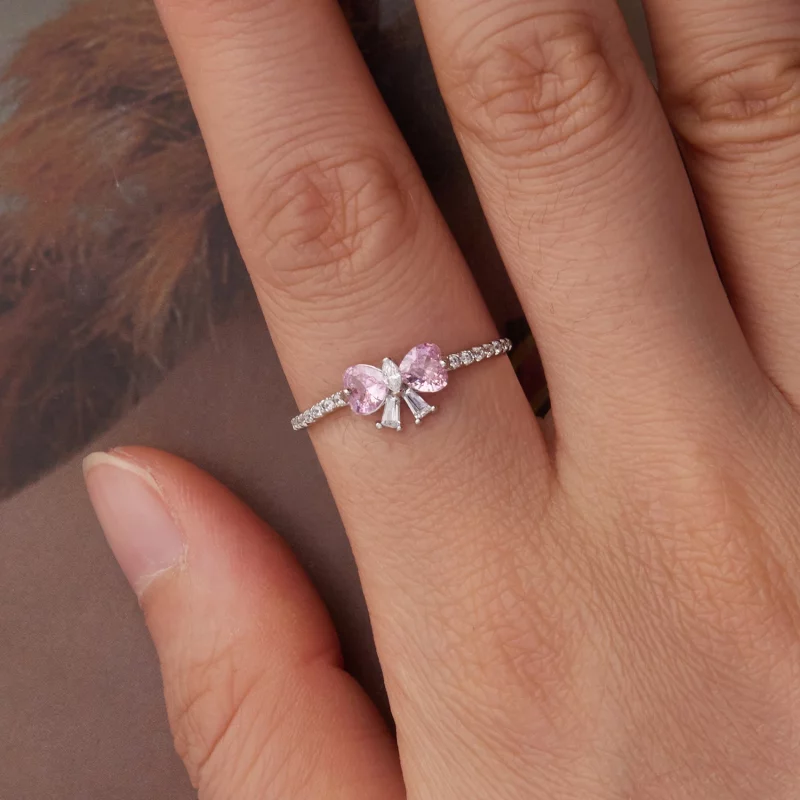 (image pour) Bague Pandora Style en argent 925 avec nœud rose et zirconium plaqué platine - B - Afficher 4