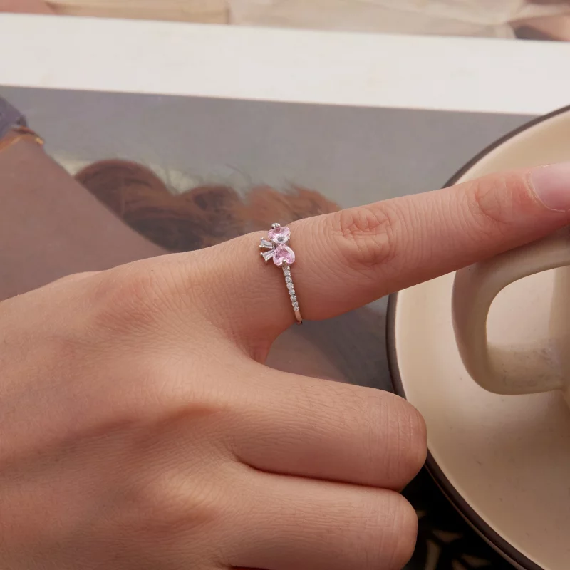 (image pour) Bague Pandora Style en argent 925 avec nœud rose et zirconium plaqué platine - B - Afficher 5