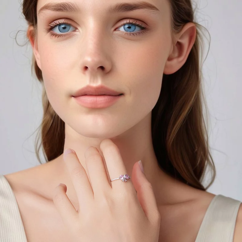 (image pour) Bague Pandora Style en argent 925 avec nœud rose et zirconium plaqué platine - B - Afficher 6