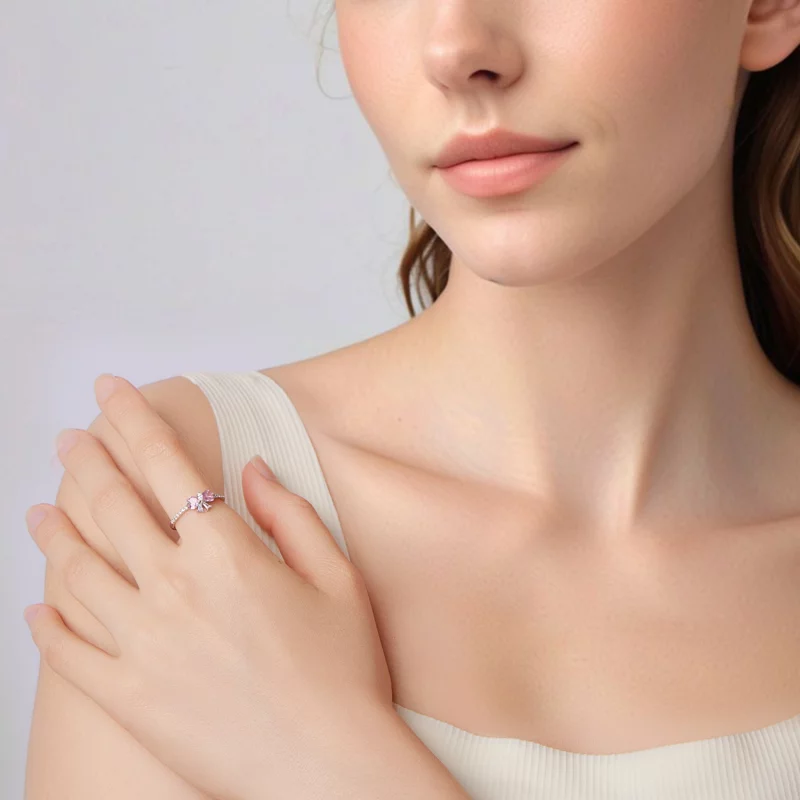 (image pour) Bague Pandora Style en argent 925 avec nœud rose et zirconium plaqué platine - B - Afficher 7