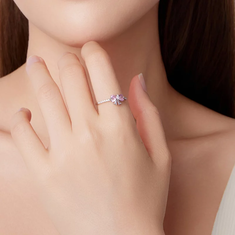 (image pour) Bague Pandora Style en argent 925 avec nœud rose et zirconium plaqué platine - B - Afficher 8