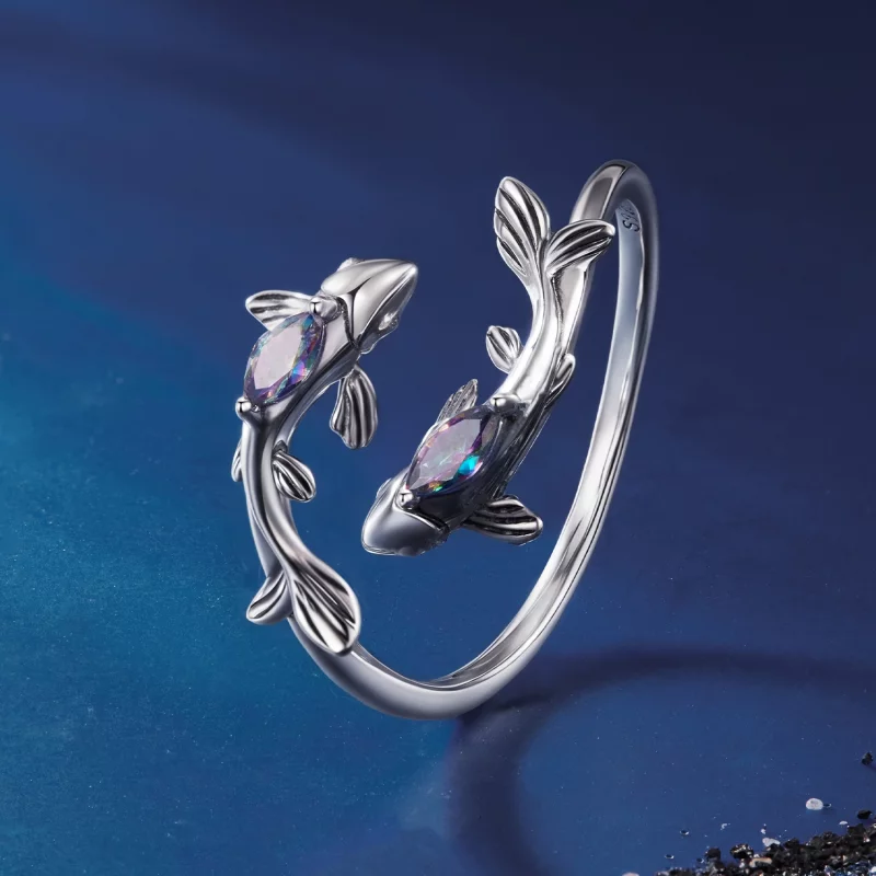 (image pour) Bague Ouverte Poissons en Argent 925 Sterling Pandora Style avec Verre et Oxydat - Afficher 2