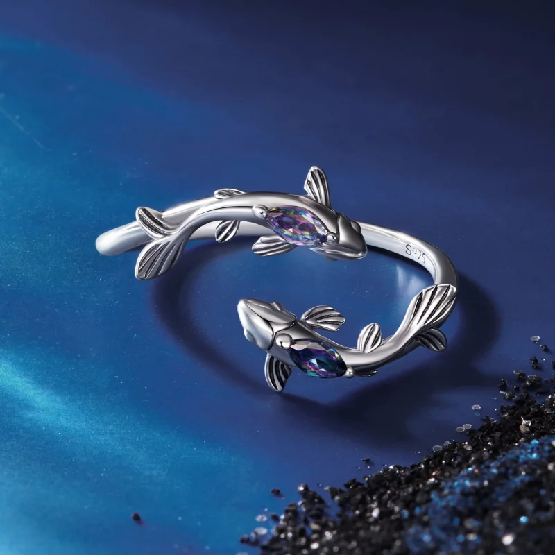 (image pour) Bague Ouverte Poissons en Argent 925 Sterling Pandora Style avec Verre et Oxydat - Afficher 3