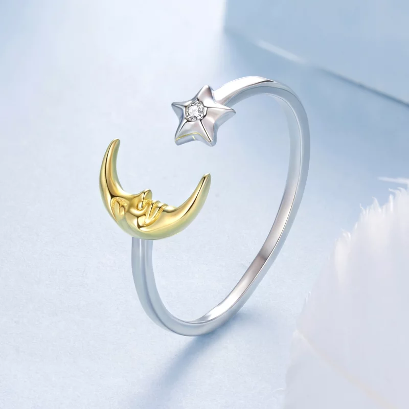 (image pour) Bague Ouverte Étoile Lune en Argent 925 Pandora avec Zirconia - Bijou Plaqué Or - Afficher 2