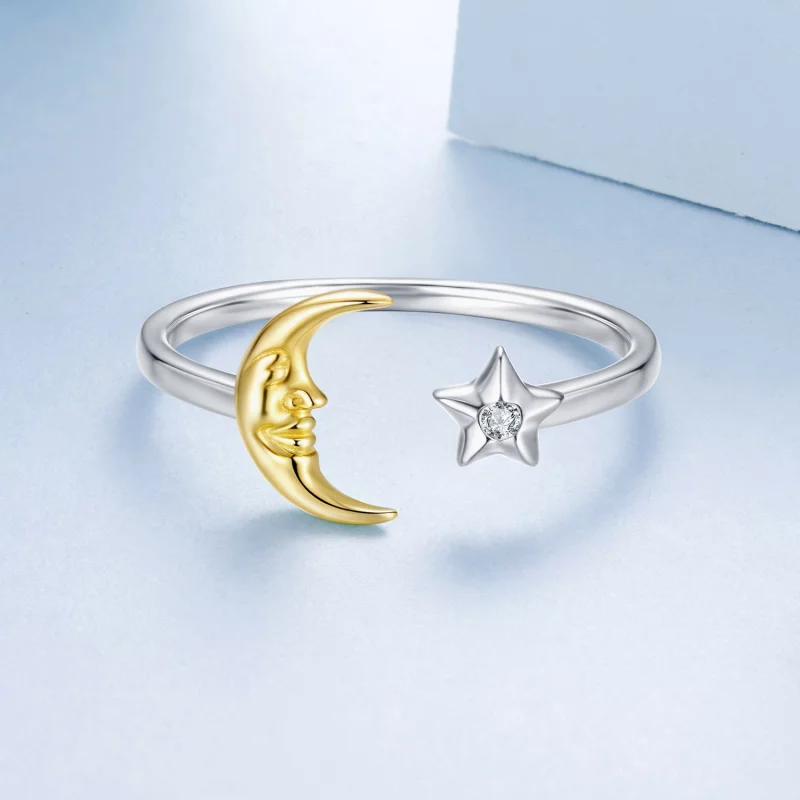 (image pour) Bague Ouverte Étoile Lune en Argent 925 Pandora avec Zirconia - Bijou Plaqué Or - Afficher 3