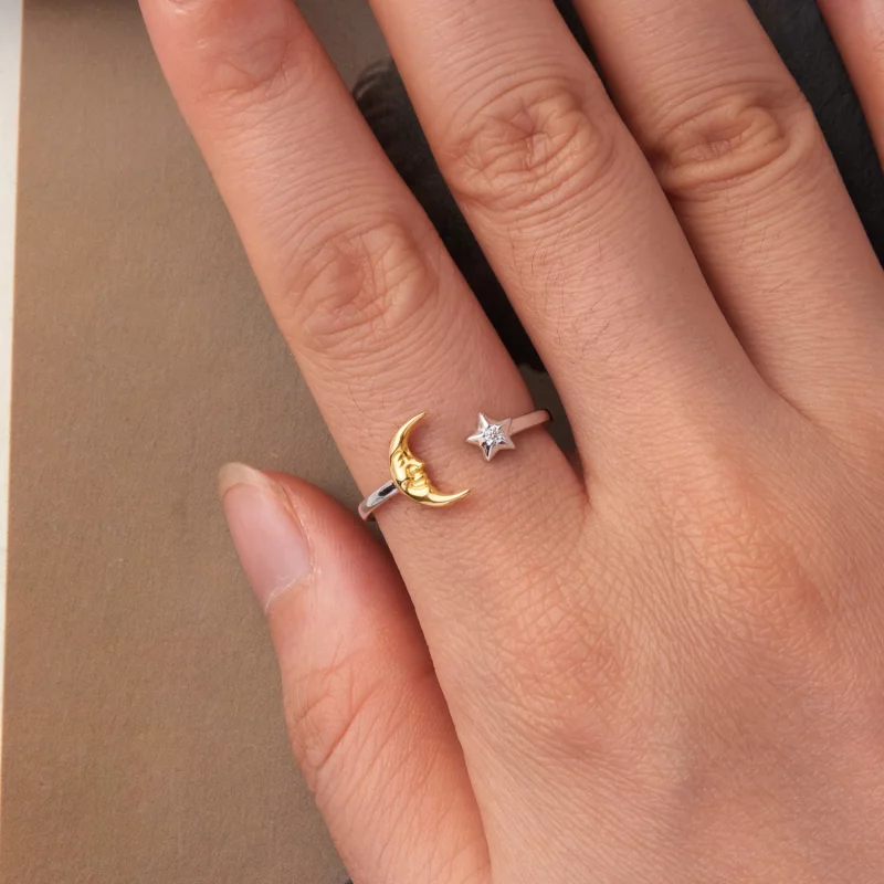 (image pour) Bague Ouverte Étoile Lune en Argent 925 Pandora avec Zirconia - Bijou Plaqué Or - Afficher 4