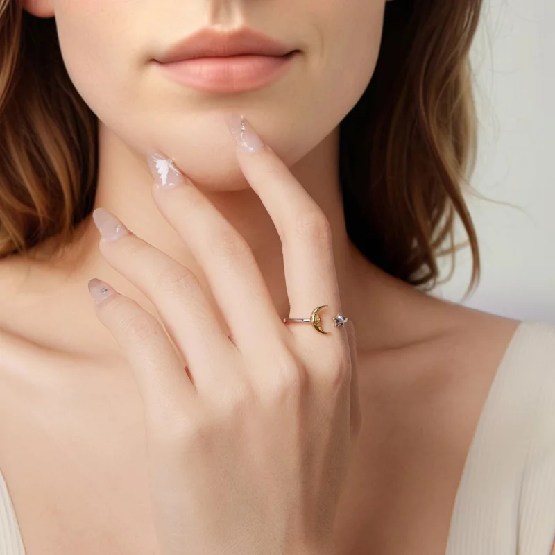 (image pour) Bague Ouverte Étoile Lune en Argent 925 Pandora avec Zirconia - Bijou Plaqué Or - Afficher 7