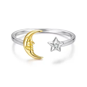 (image pour) Bague Ouverte Étoile Lune en Argent 925 Pandora avec Zirconia - Bijou Plaqué Or et Platine - BSR690-E