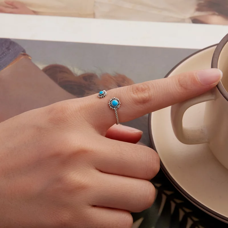 (image pour) Bague Ouverte Tournesol Turquoise en Argent 925 Pandora Style - SCR1137-E - Afficher 6