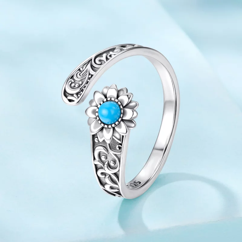 (image pour) Bague Ouverte Pandora Style en Argent 925 Tournesol Turquoise - Pierre Synthétiq - Afficher 2