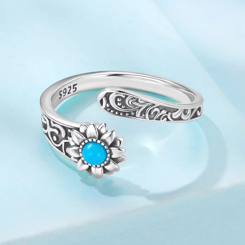 (image pour) Bague Ouverte Pandora Style en Argent 925 Tournesol Turquoise - Pierre Synthétiq - Afficher 3