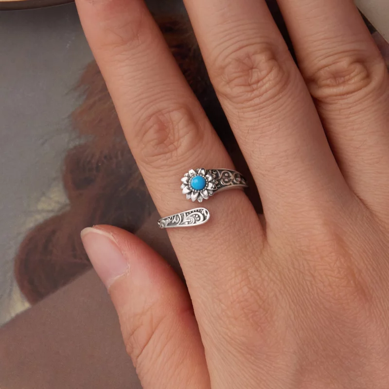 (image pour) Bague Ouverte Pandora Style en Argent 925 Tournesol Turquoise - Pierre Synthétiq - Afficher 4