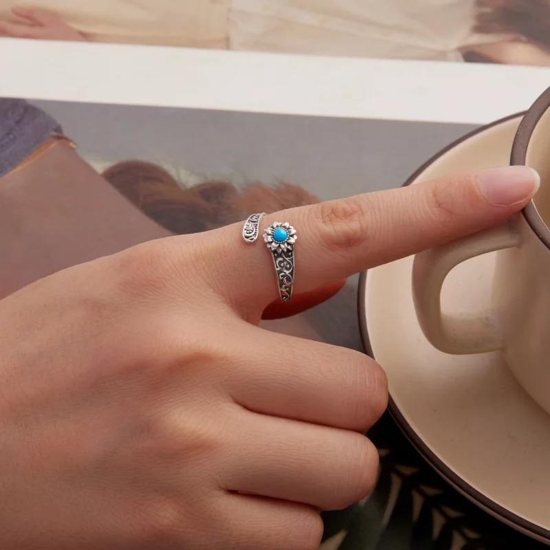 (image pour) Bague Ouverte Pandora Style en Argent 925 Tournesol Turquoise - Pierre Synthétiq - Afficher 5