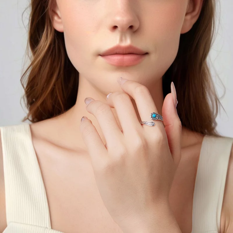 (image pour) Bague Ouverte Pandora Style en Argent 925 Tournesol Turquoise - Pierre Synthétiq - Afficher 6