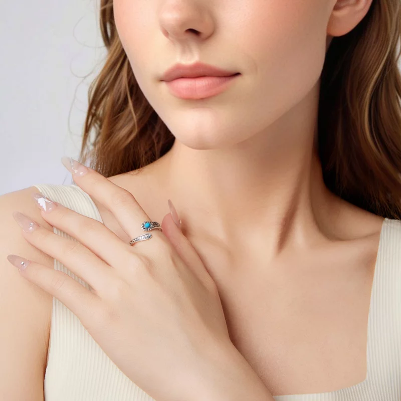 (image pour) Bague Ouverte Pandora Style en Argent 925 Tournesol Turquoise - Pierre Synthétiq - Afficher 7