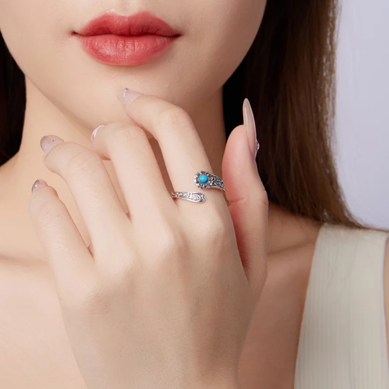 (image pour) Bague Ouverte Pandora Style en Argent 925 Tournesol Turquoise - Pierre Synthétiq - Afficher 8