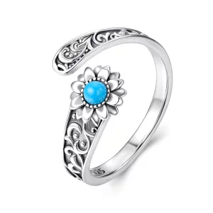 (image pour) Bague Ouverte Pandora Style en Argent 925 Tournesol Turquoise - Pierre Synthétique Vintage Ajustable - SCR1138-E