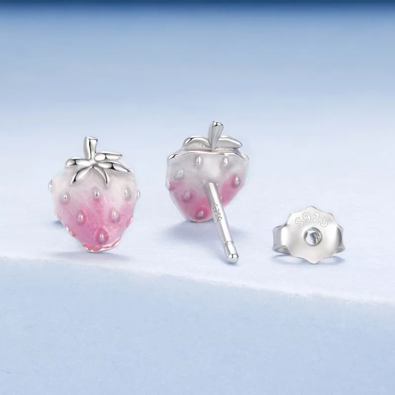(image pour) Pandora Style S925 Argent Sterling Boucles d'Oreilles à Clous Fraise Émaillée av - Afficher 2