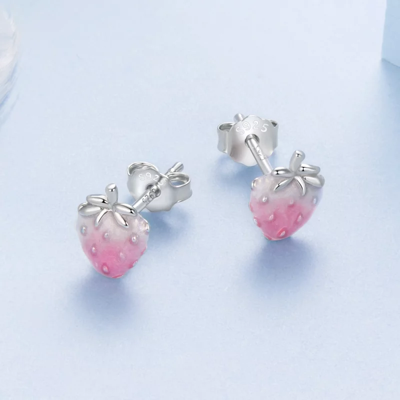 (image pour) Pandora Style S925 Argent Sterling Boucles d'Oreilles à Clous Fraise Émaillée av - Afficher 3