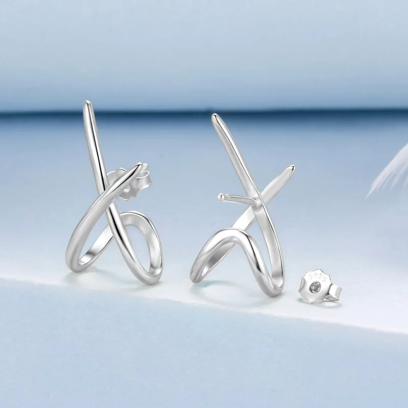 (image pour) Pandora Style S925 Argent Sterling Studs Minimalistes Ligne X avec Finition Oxyd - Afficher 2