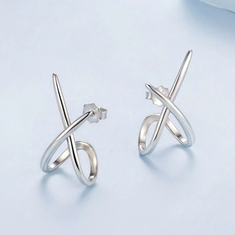 (image pour) Pandora Style S925 Argent Sterling Studs Minimalistes Ligne X avec Finition Oxyd - Afficher 3