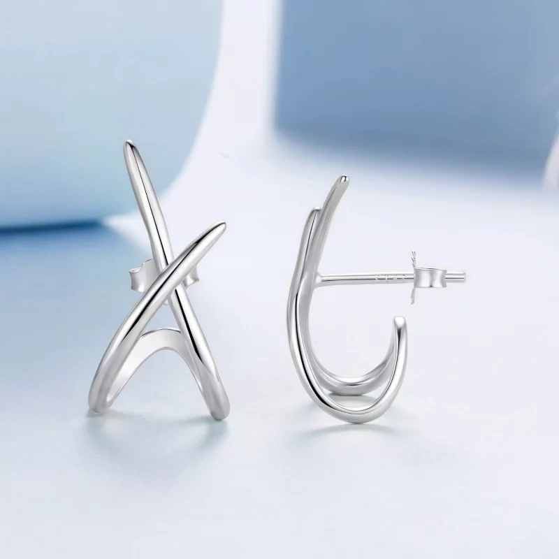 (image pour) Pandora Style S925 Argent Sterling Studs Minimalistes Ligne X avec Finition Oxyd - Afficher 4