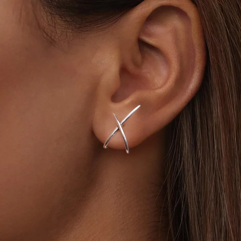 (image pour) Pandora Style S925 Argent Sterling Studs Minimalistes Ligne X avec Finition Oxyd - Afficher 5