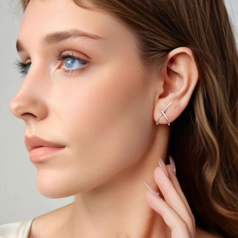 (image pour) Pandora Style S925 Argent Sterling Studs Minimalistes Ligne X avec Finition Oxyd - Afficher 7