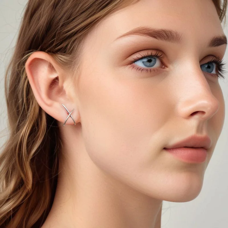 (image pour) Pandora Style S925 Argent Sterling Studs Minimalistes Ligne X avec Finition Oxyd - Afficher 8