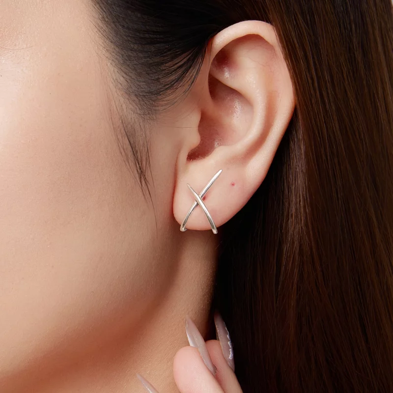 (image pour) Pandora Style S925 Argent Sterling Studs Minimalistes Ligne X avec Finition Oxyd - Afficher 9