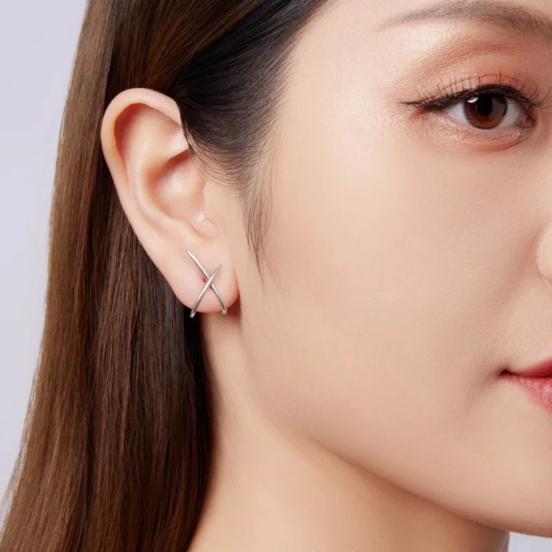 (image pour) Pandora Style S925 Argent Sterling Studs Minimalistes Ligne X avec Finition Oxyd - Afficher 10