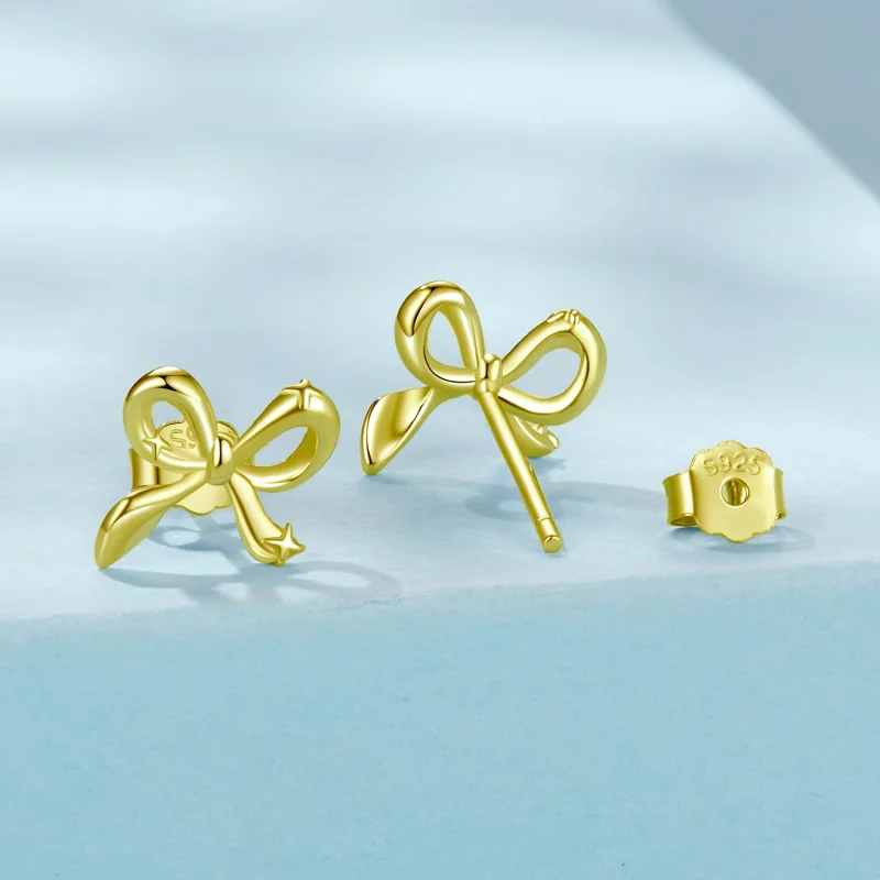 (image pour) Pandora Style Boucles d'oreilles nœud papillon en argent 925 plaqué or - Studs l - Afficher 2