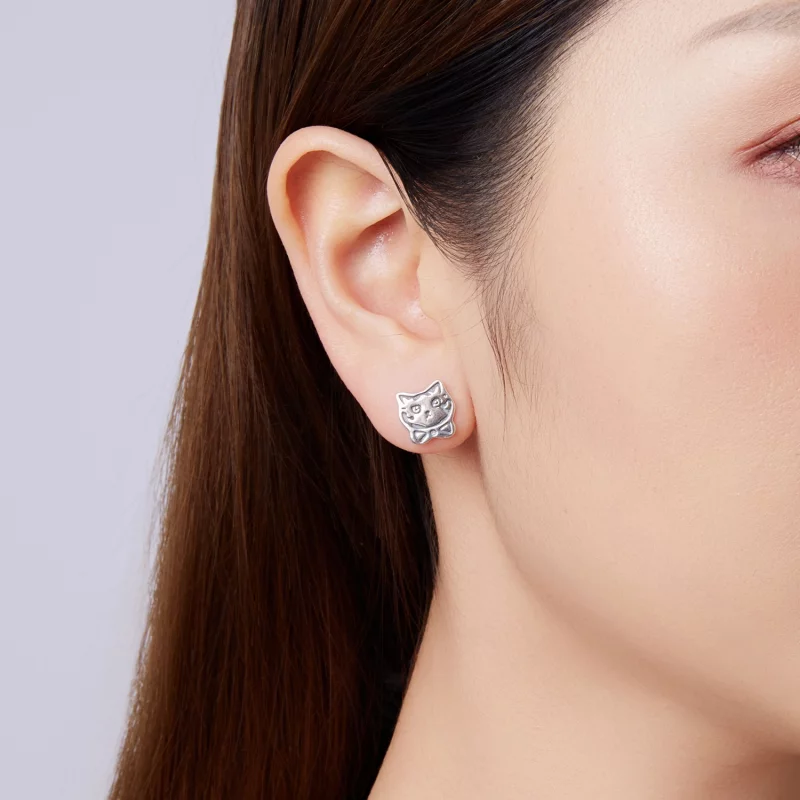 (image pour) Boucles d'oreilles Pandora Style en argent sterling avec chat à nœud papillon et - Afficher 4