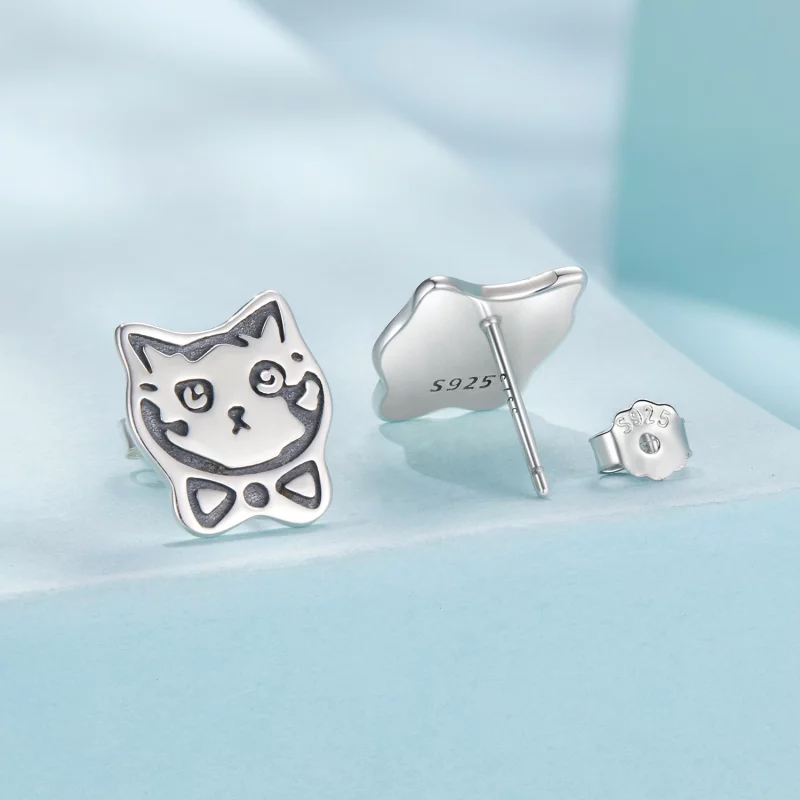 (image pour) Boucles d'oreilles Pandora Style en argent sterling avec chat à nœud papillon et - Afficher 2