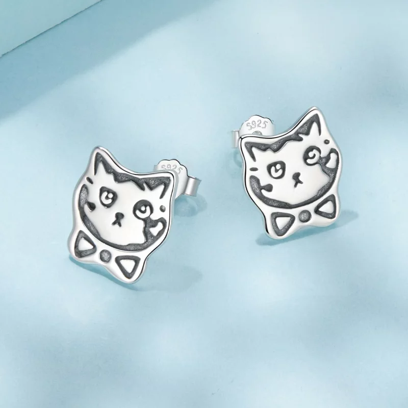 (image pour) Boucles d'oreilles Pandora Style en argent sterling avec chat à nœud papillon et - Afficher 5
