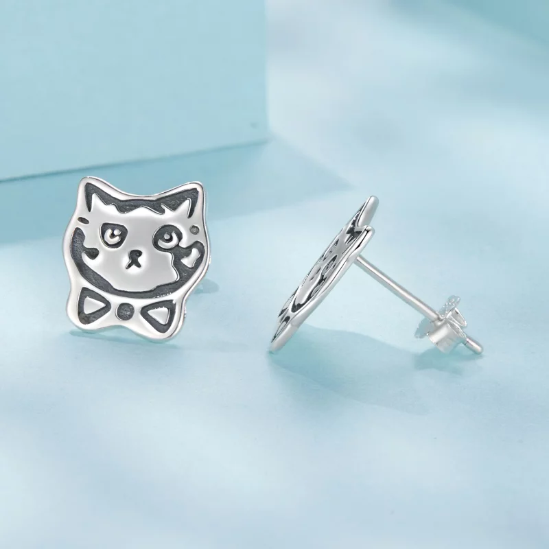 (image pour) Boucles d'oreilles Pandora Style en argent sterling avec chat à nœud papillon et - Afficher 6