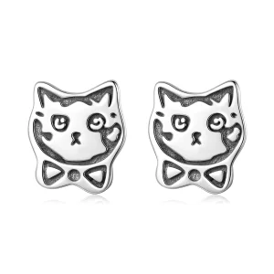 (image pour) Boucles d'oreilles Pandora Style en argent sterling avec chat à nœud papillon et finition oxydée - SCE1899