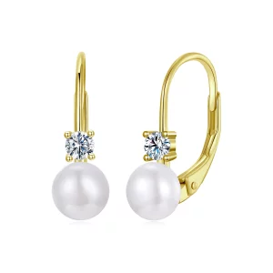 (image pour) Boucles d'oreilles à ressort en perle et moissanite en argent 925 style Pandora avec certificat - Doré - MSE078-B
