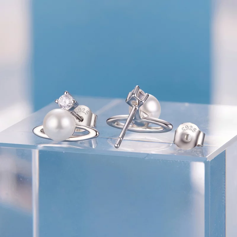 (image pour) Boucles d'oreilles à clou Planétaires en Argent 925 Pandora avec Zircon, Perle e - Afficher 2
