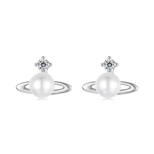 (image pour) Boucles d'oreilles à clou Planétaires en Argent 925 Pandora avec Zircon, Perle et Plaquage Platine - BSE1207