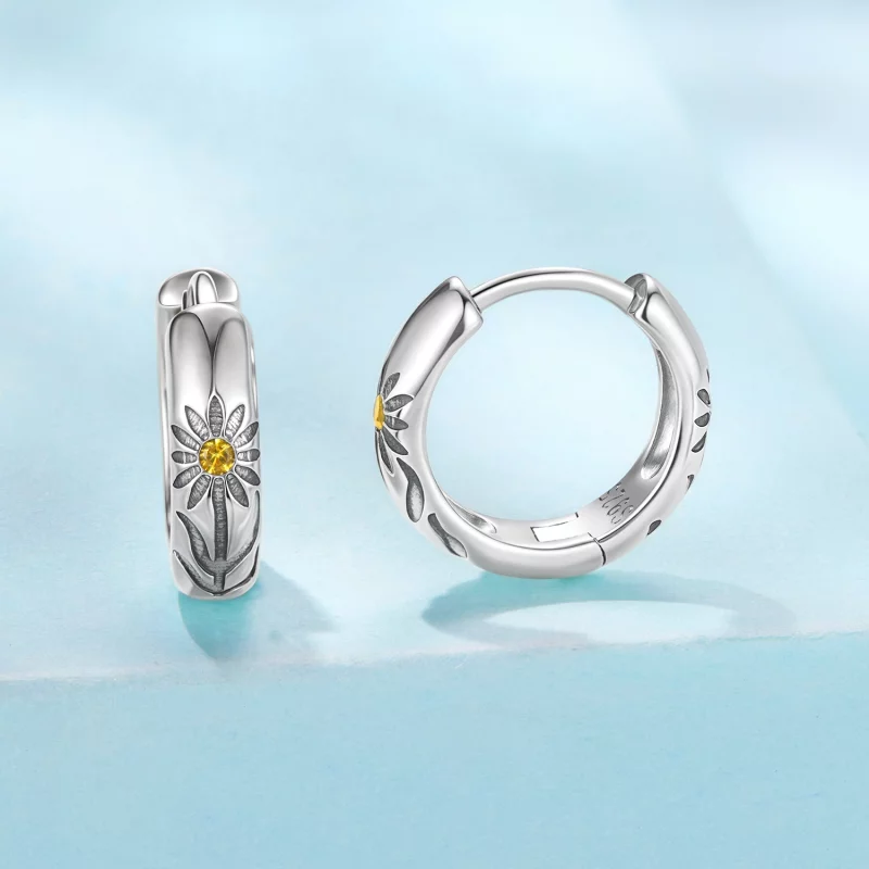(image pour) Pandora Style Boucles d'oreilles créoles Tournesol Oxydé en argent 925 avec zirc - Afficher 2