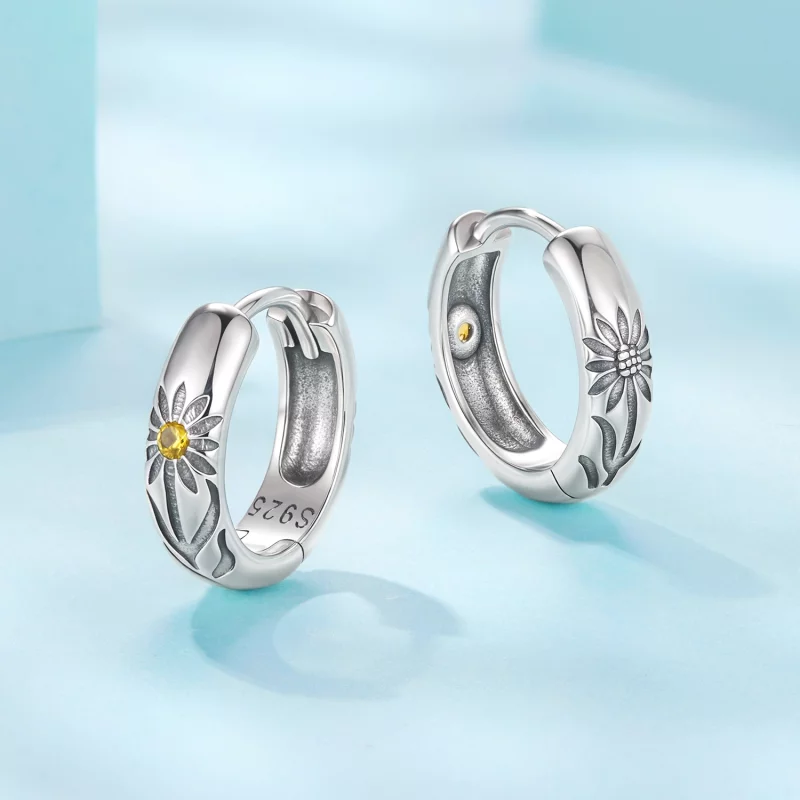 (image pour) Pandora Style Boucles d'oreilles créoles Tournesol Oxydé en argent 925 avec zirc - Afficher 3