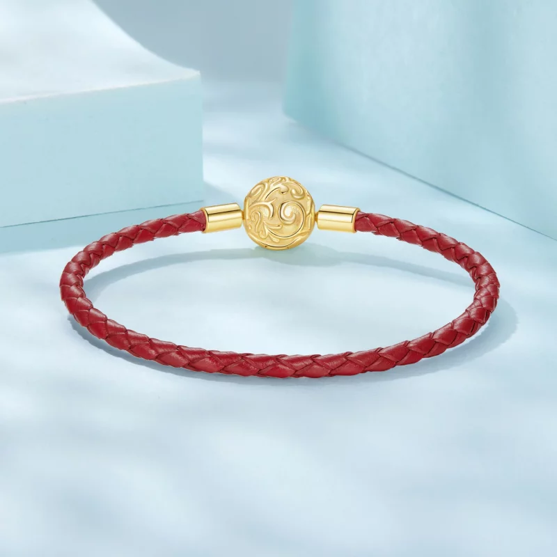(image pour) Pandora Style 925 argent plaqué or motif herbe bouclée boucle cordon cuir rouge - Afficher 3
