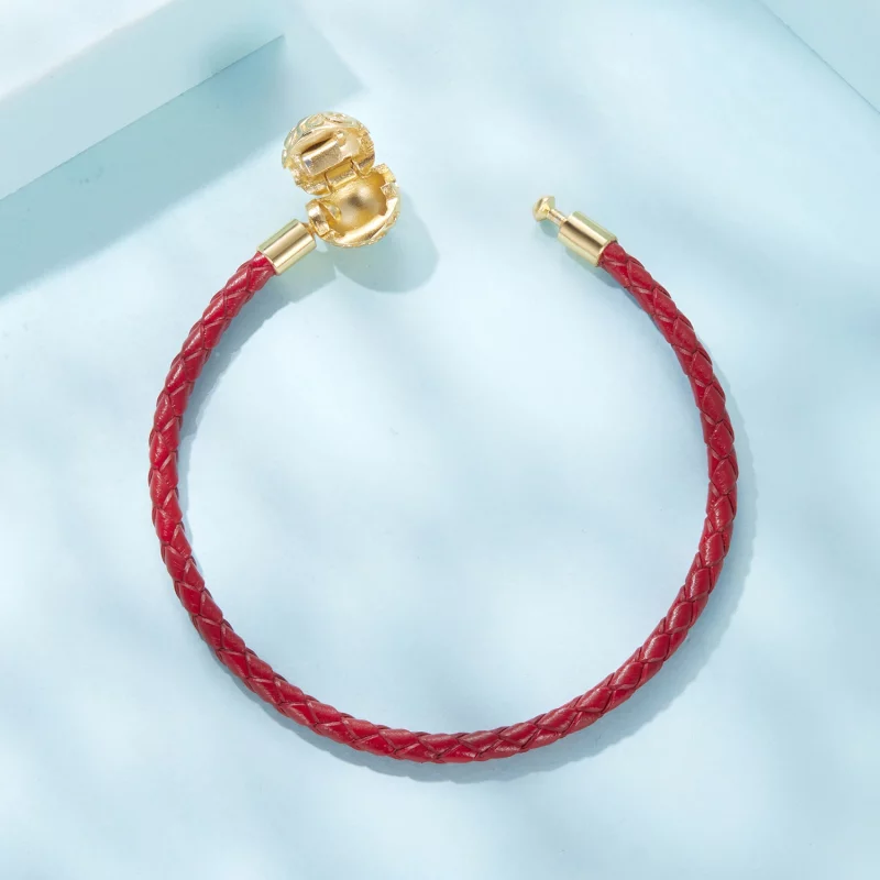 (image pour) Pandora Style 925 argent plaqué or motif herbe bouclée boucle cordon cuir rouge - Afficher 4