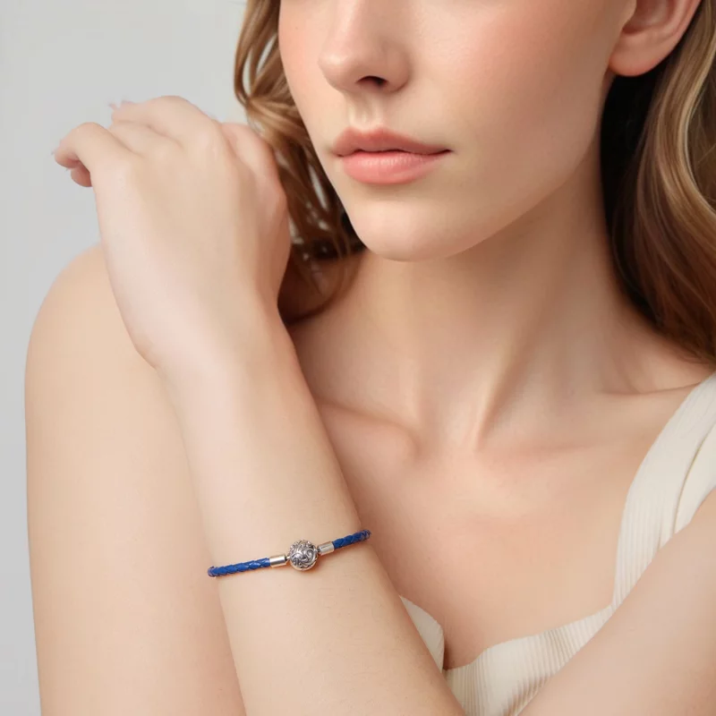 (image pour) Pandora Style 925 Argent Oxydé Motif Vigne Bracelet en Cuir Bleu Marine - SCB300 - Afficher 6