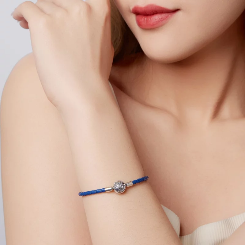 (image pour) Pandora Style 925 Argent Oxydé Motif Vigne Bracelet en Cuir Bleu Marine - SCB300 - Afficher 8